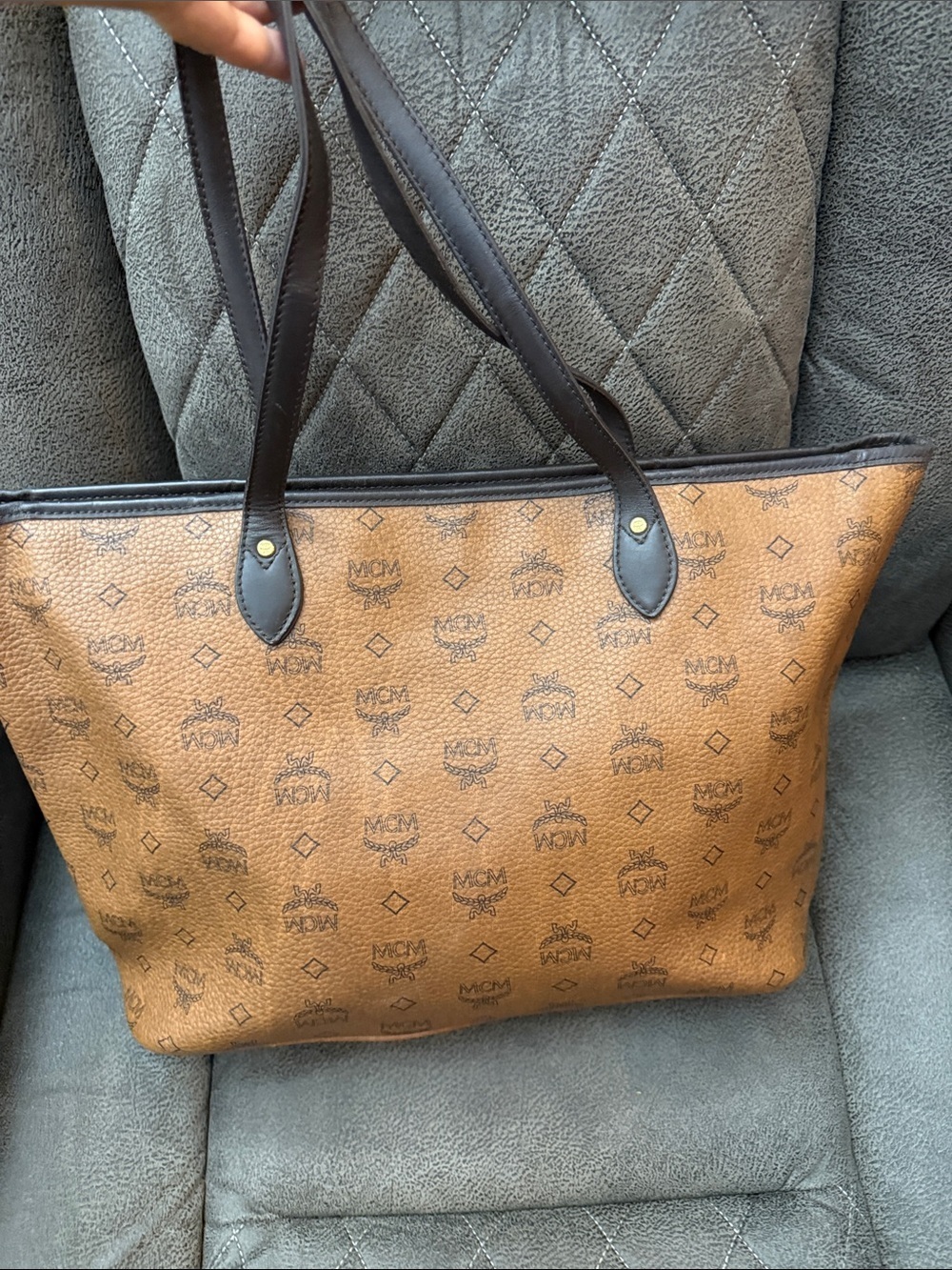 MCM Cognac Visetos Tote with Dark Brown Handles and Bone Charm - Picture 4 of 7